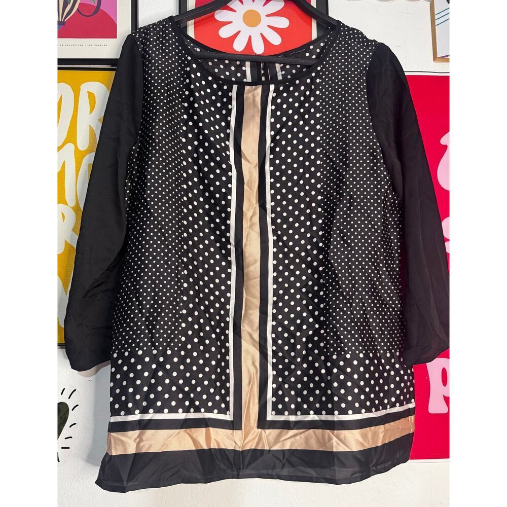 Ann Taylor Polka Dot Geometric Print Blouse‎ Size 4 Black Beige Long Sleeve Top